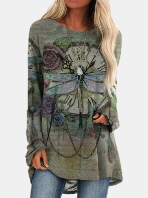 Vintage Floral Printed O  neck Long Sleeve Irregular Hem T  shirt For Women