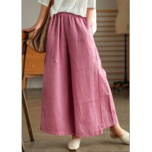 Casual Pink elastic waist Pockets Linen wide leg Pants Spring