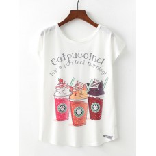 Women Casual Crew Neck Short Sleeved Cat Ice Cream Print Summer T  shirts