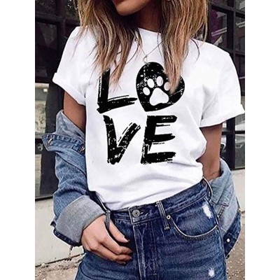 LOVE Print Round Neck Short Sleeve Casual T  shirts For Women