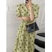 Polka Dot Print Half Sleeve V  neck Puff Drawstring Dress