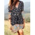 Bohemian Floral Print Tie Button V  neck Mini Dress