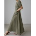 Solid Pocket Short Sleeve V  neck Swing Maxi Dress