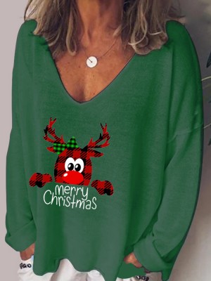 Women Christmas Letter Cartoon Print V  Neck Loose Long Sleeve T  Shirts