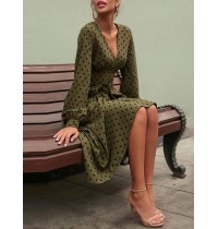 Polka Dot Print Long Sleeve V  neck Knotted Dress