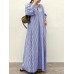 Stripe Print Button V  neck Long Sleeve Loose Shirt Dress