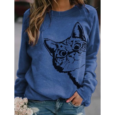 Women Cute Cartoon Cat Print Round Neck Loose Casual Long Sleeve T  Shirts