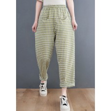 Plus Size Green Plaid elastic waist Plaid Linen Pants Spring