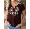 Women Floral Embroidery V  Neck Vintage Short Sleeve T  Shirts