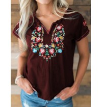 Women Floral Embroidery V  Neck Vintage Short Sleeve T  Shirts