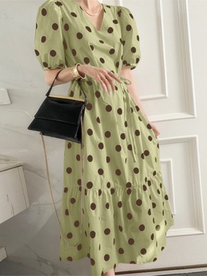 Polka Dot Print Half Sleeve V  neck Puff Drawstring Dress