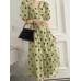 Polka Dot Print Half Sleeve V  neck Puff Drawstring Dress