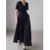 Solid Pocket Short Sleeve V  neck Swing Maxi Dress