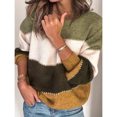 Women Casual Striped Color  Block O  Neck Long Sleeve Sweaters