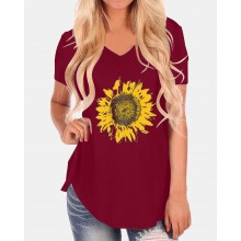 Sunflowers Print V  neck Short Sleeves Casual Loose Irregular Hem T  shirts