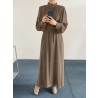 Solid Long Sleeve High Neck Pleated Casual Maxi Dress