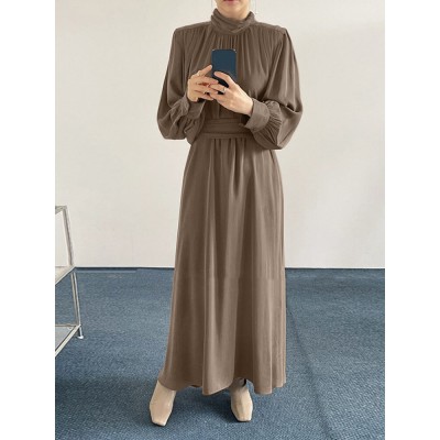 Solid Long Sleeve High Neck Pleated Casual Maxi Dress