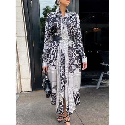 Chain Print Irregular Button Long Sleeve Lapel Maxi Shirt Dress