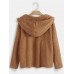 Women V  neck Hooded Solid Color Fleece Coats