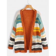 Women Casual Striped Color  Block Sweater Cardigans