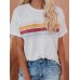 Rainbow Stripes Patchwork Round Neck Short Sleeve Daily Casual T  shirts For Women