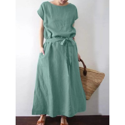 Solid Color Short Sleeve O  neck Knotted Cotton Dress