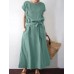 Solid Color Short Sleeve O  neck Knotted Cotton Dress