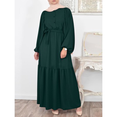 Solid Color Puff Sleeve O  neck Maxi Dress With Belt